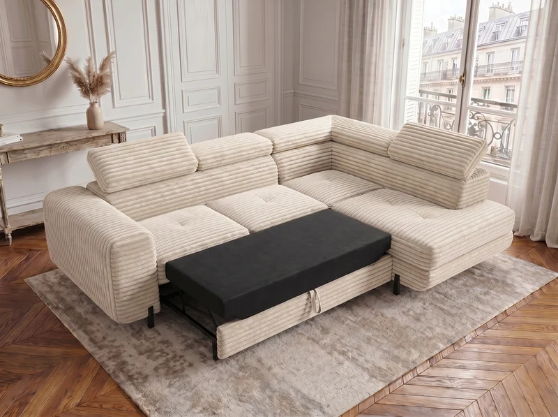 Canapé d’angle convertible Iéna – grande méridienne, coffre & têtières relevables