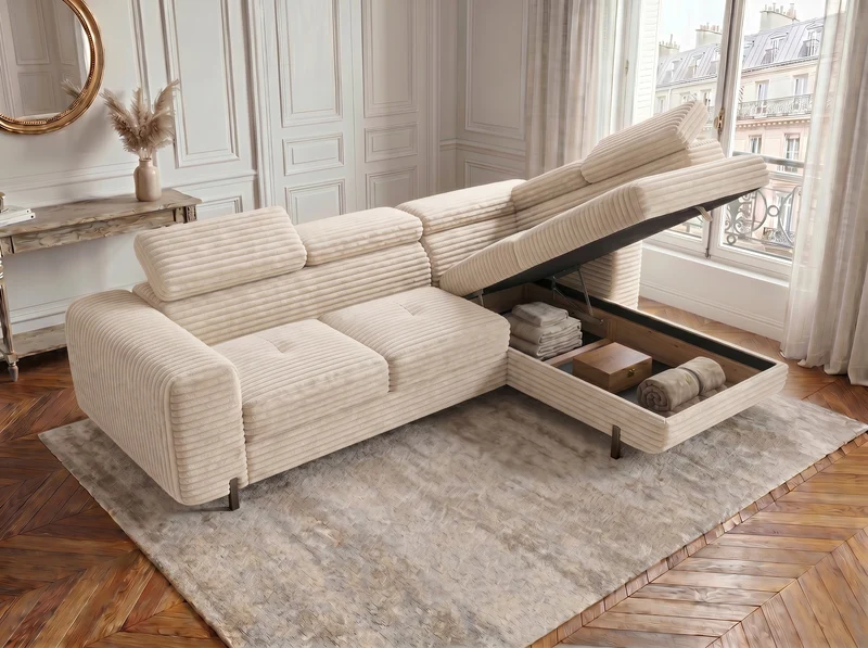 Canapé d’angle convertible Iéna – grande méridienne, coffre & têtières relevables