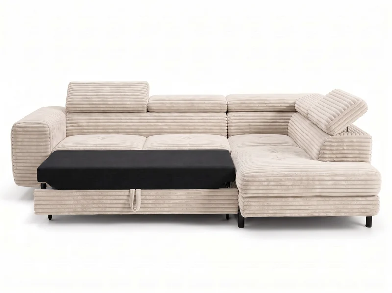 Canapé d’angle convertible Iéna – grande méridienne, coffre & têtières relevables