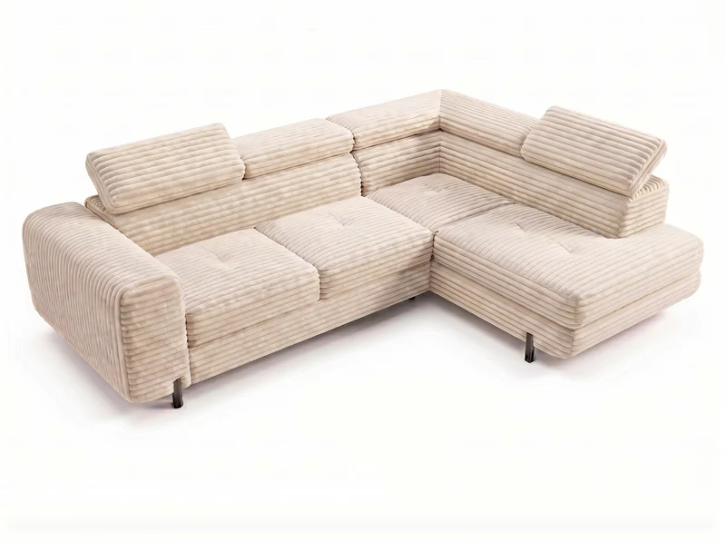 Canapé d’angle convertible Iéna – grande méridienne, coffre & têtières relevables
