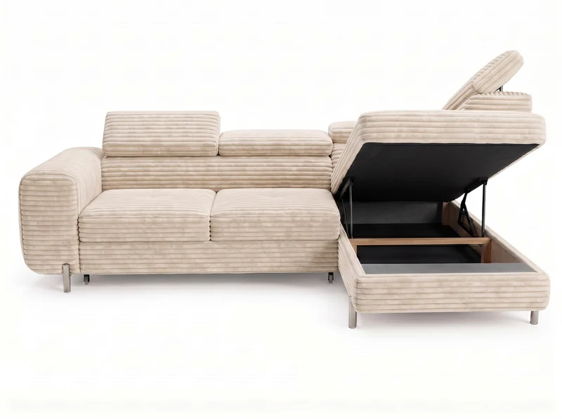 Canapé d’angle convertible Iéna – grande méridienne, coffre & têtières relevables