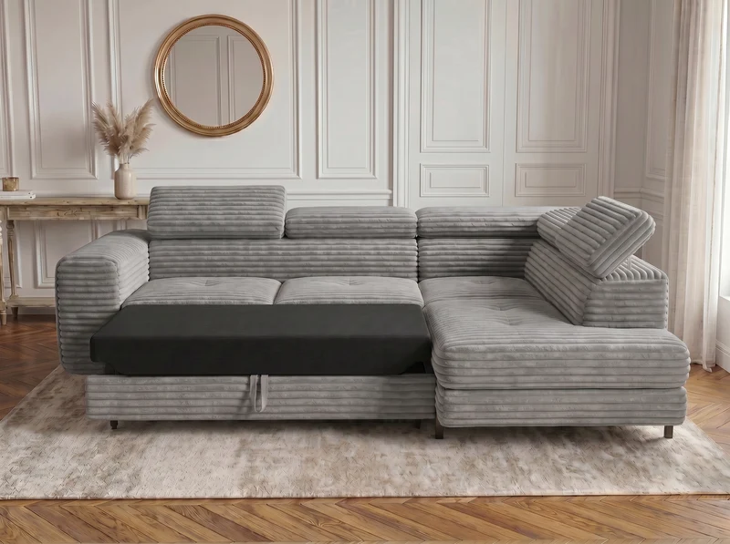 Canapé d’angle convertible Iéna – grande méridienne, coffre & têtières relevables