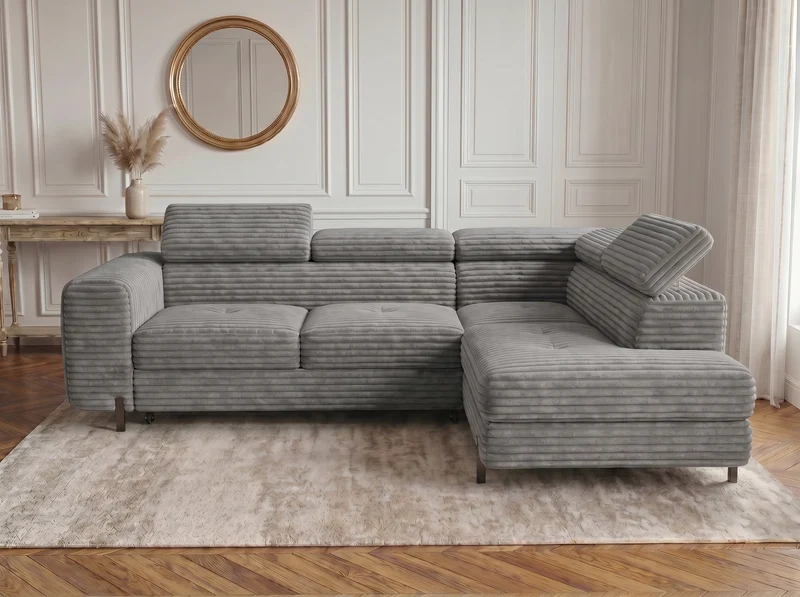 Canapé d’angle convertible Iéna – grande méridienne, coffre & têtières relevables