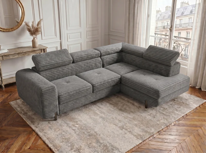 Canapé d’angle convertible Iéna – grande méridienne, coffre & têtières relevables