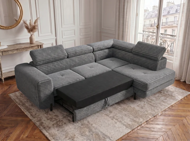 Canapé d’angle convertible Iéna – grande méridienne, coffre & têtières relevables