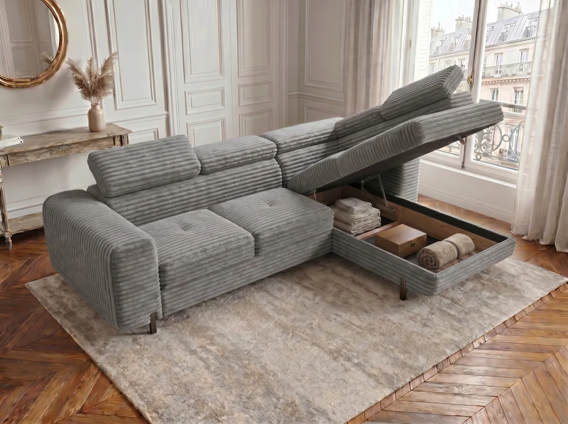 Canapé d’angle convertible Iéna – grande méridienne, coffre & têtières relevables