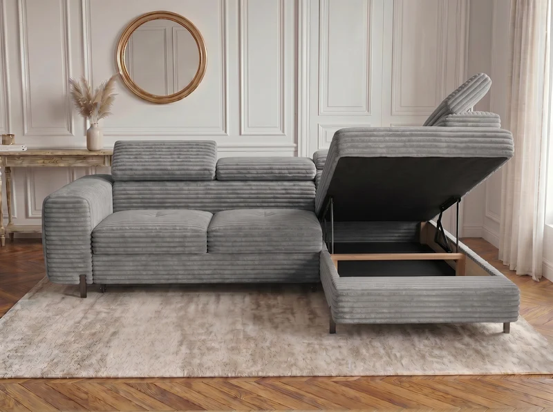 Canapé d’angle convertible Iéna – grande méridienne, coffre & têtières relevables
