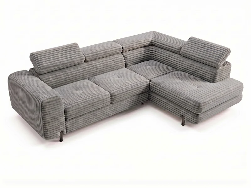 Canapé d’angle convertible Iéna – grande méridienne, coffre & têtières relevables