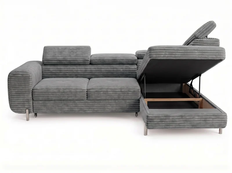 Canapé d’angle convertible Iéna – grande méridienne, coffre & têtières relevables