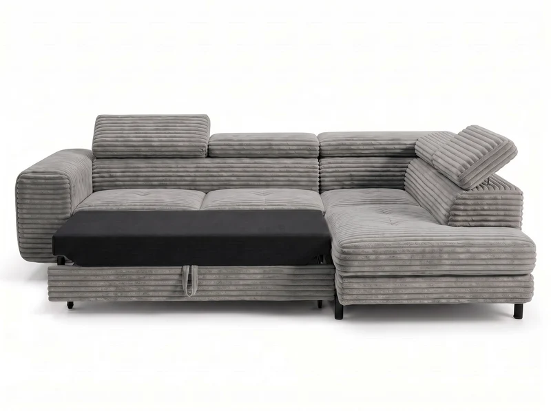 Canapé d’angle convertible Iéna – grande méridienne, coffre & têtières relevables