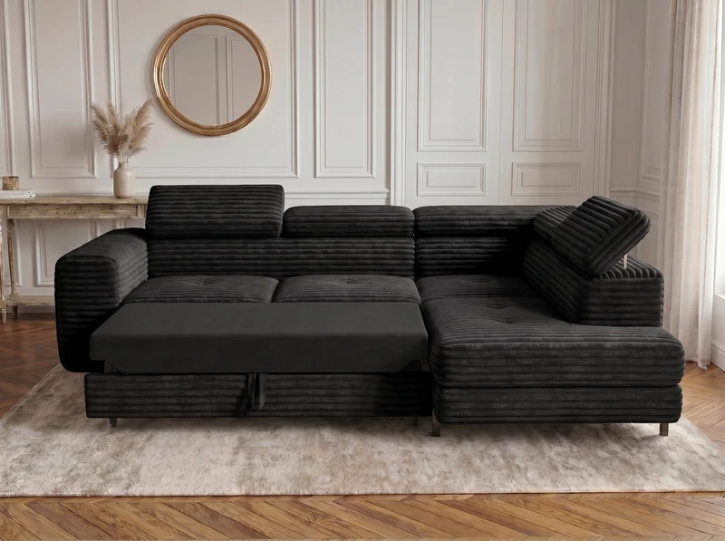 Canapé d’angle convertible Iéna – grande méridienne, coffre & têtières relevables