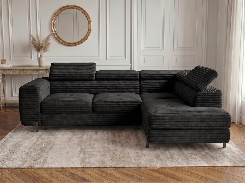 Canapé d’angle convertible Iéna – grande méridienne, coffre & têtières relevables