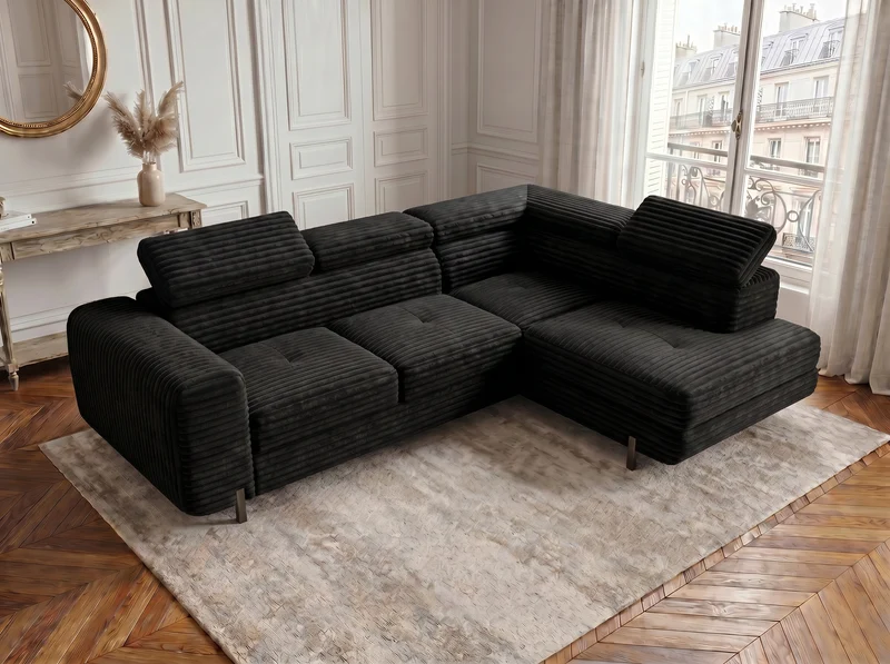 Canapé d’angle convertible Iéna – grande méridienne, coffre & têtières relevables
