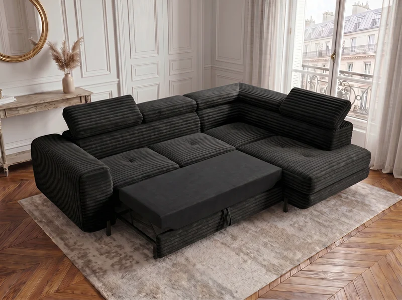 Canapé d’angle convertible Iéna – grande méridienne, coffre & têtières relevables