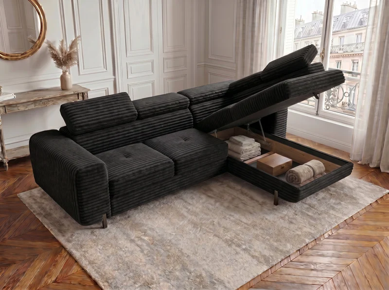 Canapé d’angle convertible Iéna – grande méridienne, coffre & têtières relevables
