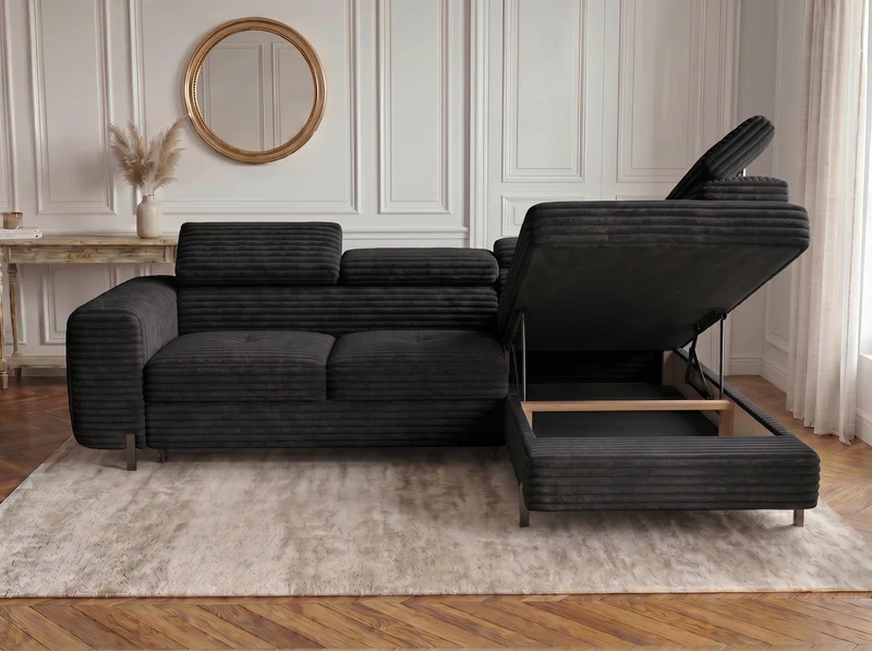 Canapé d’angle convertible Iéna – grande méridienne, coffre & têtières relevables