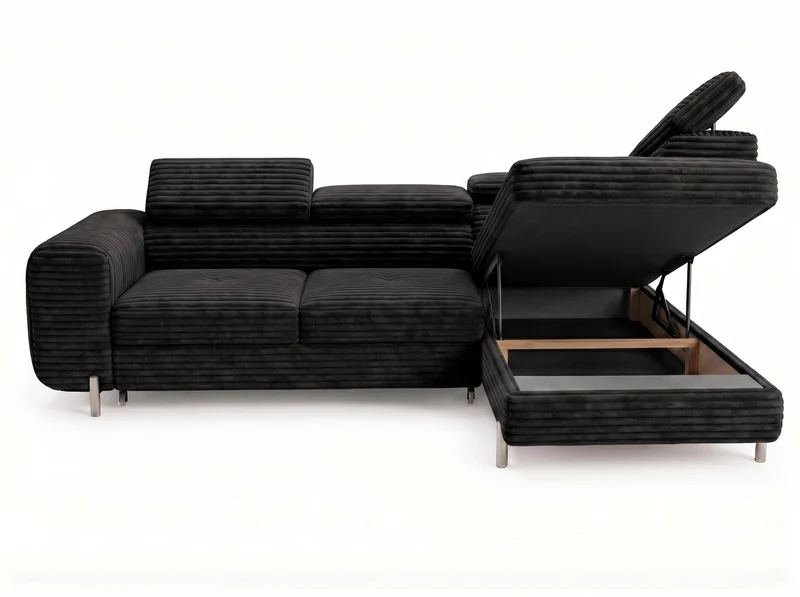Canapé d’angle convertible Iéna – grande méridienne, coffre & têtières relevables