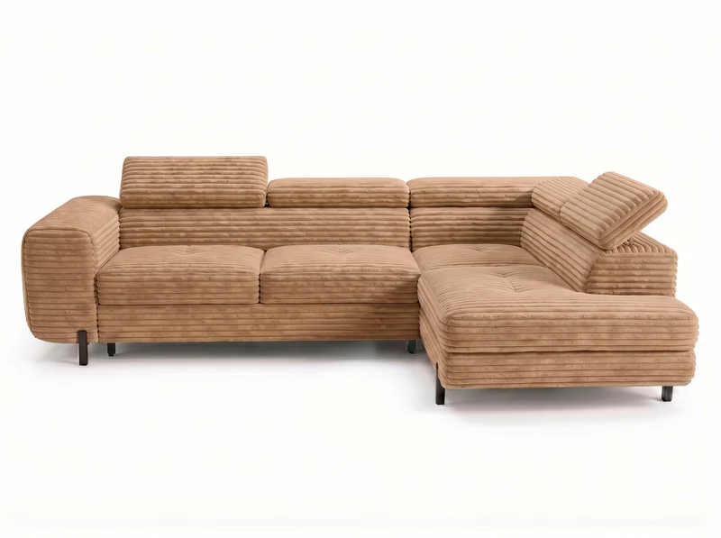 Canapé d’angle convertible Iéna – grande méridienne, coffre & têtières relevables