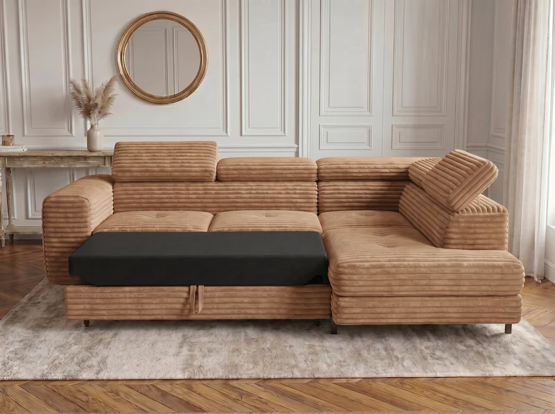 Canapé d’angle convertible Iéna – grande méridienne, coffre & têtières relevables