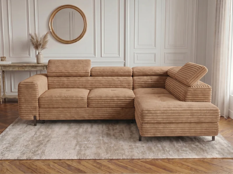 Canapé d’angle convertible Iéna – grande méridienne, coffre & têtières relevables