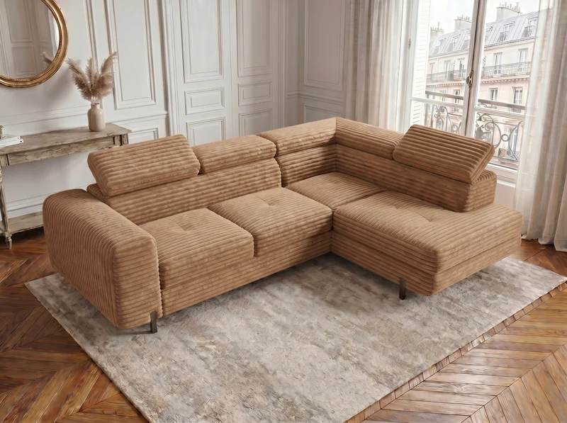 Canapé d’angle convertible Iéna – grande méridienne, coffre & têtières relevables