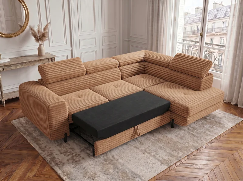 Canapé d’angle convertible Iéna – grande méridienne, coffre & têtières relevables