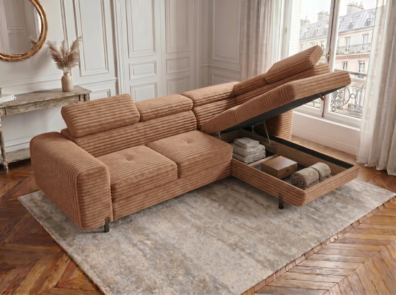 Canapé d’angle convertible Iéna – grande méridienne, coffre & têtières relevables