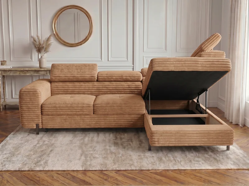 Canapé d’angle convertible Iéna – grande méridienne, coffre & têtières relevables