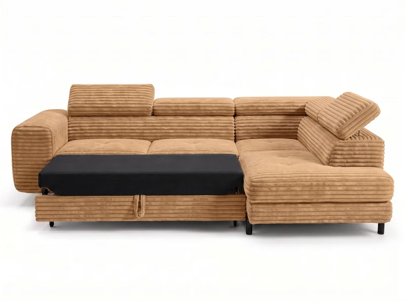 Canapé d’angle convertible Iéna – grande méridienne, coffre & têtières relevables