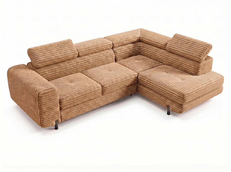 Canapé d’angle convertible Iéna – grande méridienne, coffre & têtières relevables