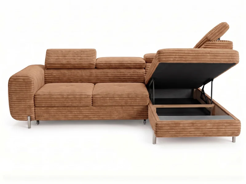 Canapé d’angle convertible Iéna – grande méridienne, coffre & têtières relevables