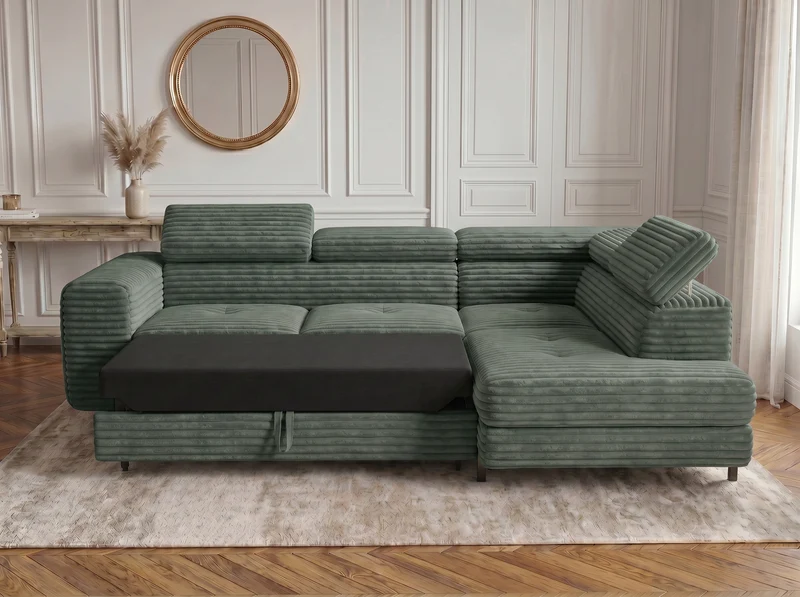 Canapé d’angle convertible Iéna – grande méridienne, coffre & têtières relevables