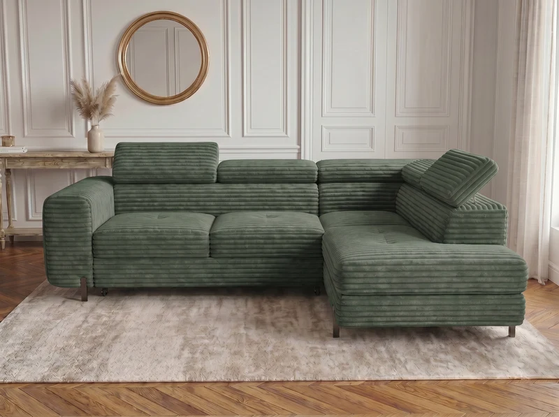 Canapé d’angle convertible Iéna – grande méridienne, coffre & têtières relevables