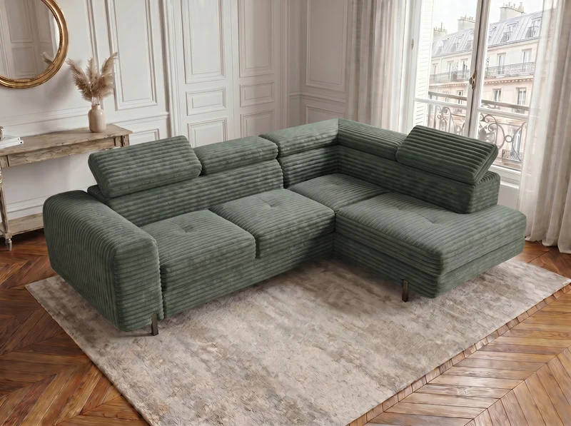 Canapé d’angle convertible Iéna – grande méridienne, coffre & têtières relevables