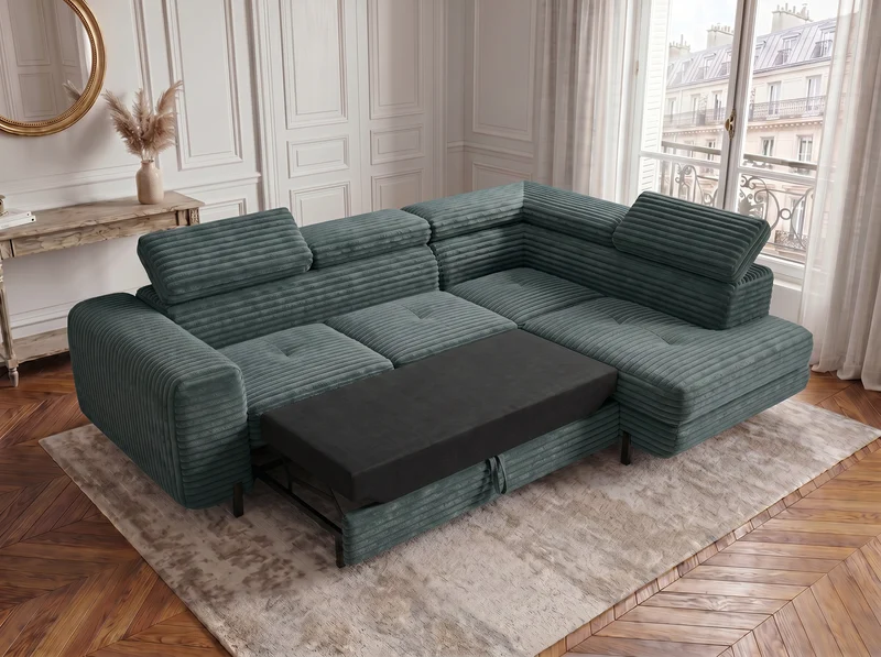 Canapé d’angle convertible Iéna – grande méridienne, coffre & têtières relevables