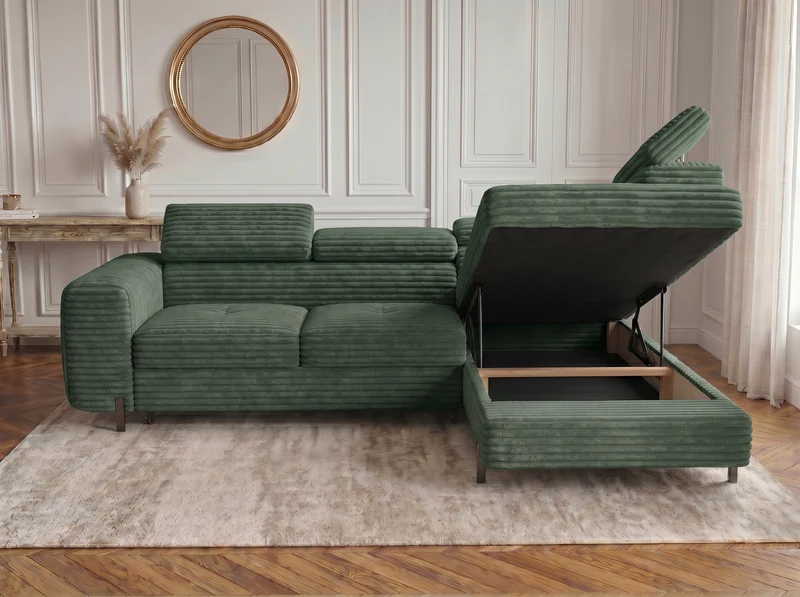 Canapé d’angle convertible Iéna – grande méridienne, coffre & têtières relevables
