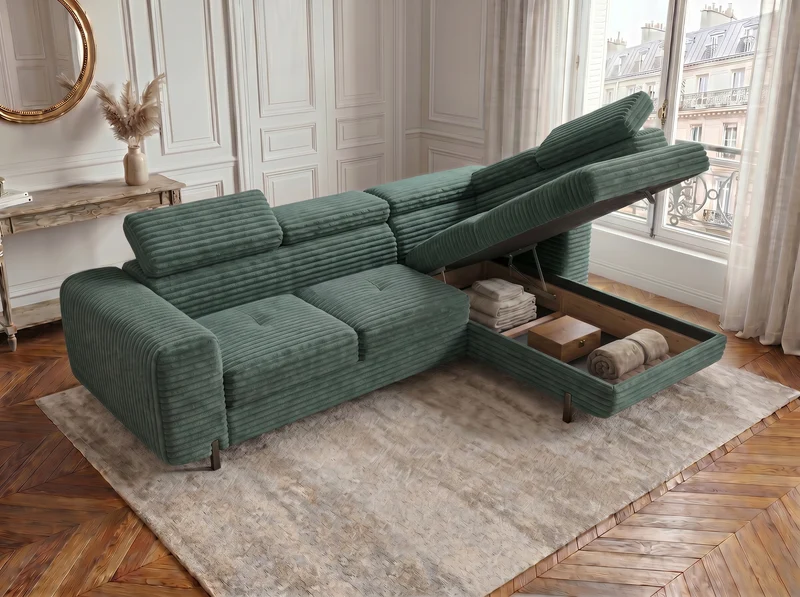 Canapé d’angle convertible Iéna – grande méridienne, coffre & têtières relevables