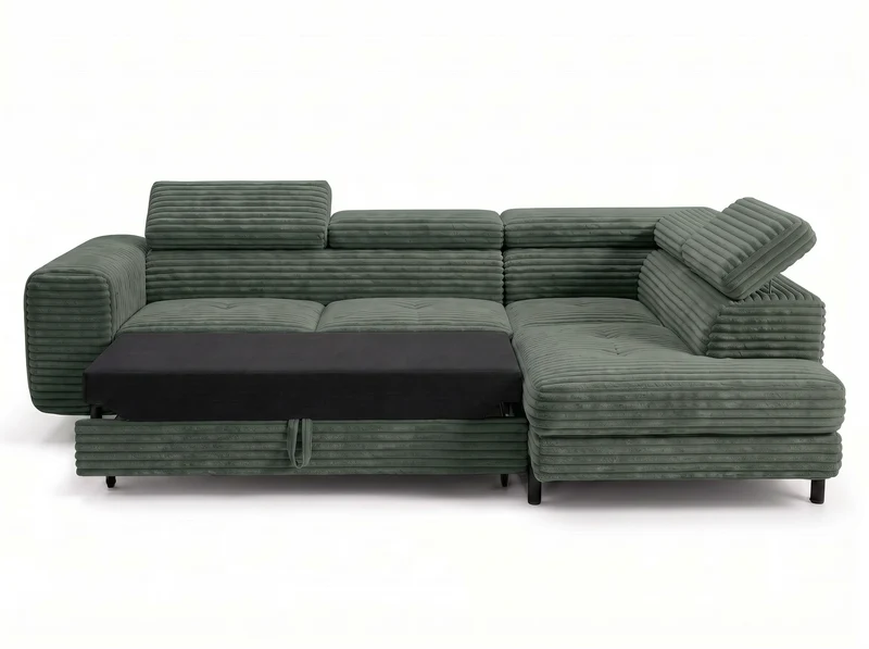 Canapé d’angle convertible Iéna – grande méridienne, coffre & têtières relevables