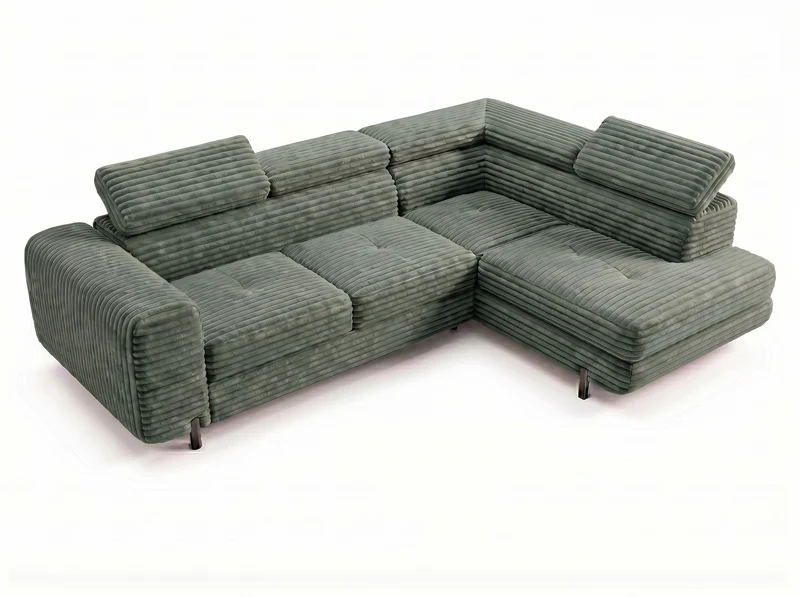 Canapé d’angle convertible Iéna – grande méridienne, coffre & têtières relevables