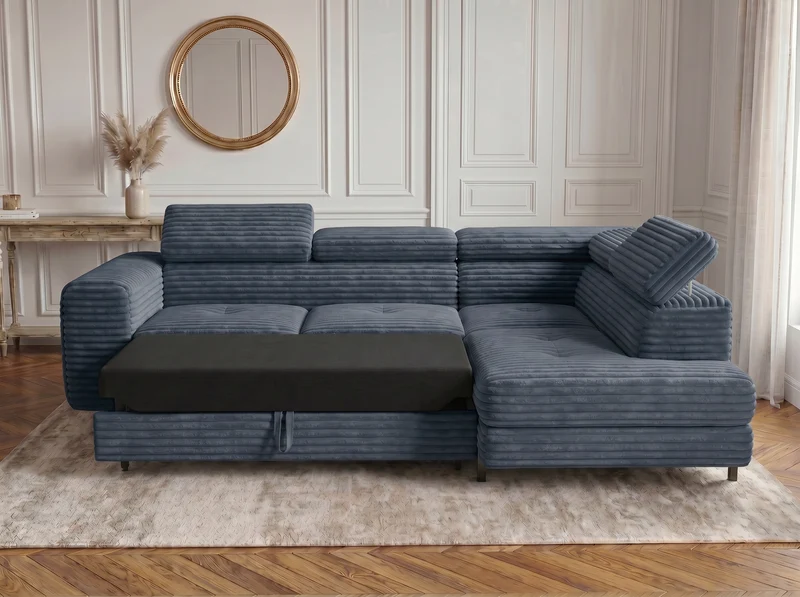 Canapé d’angle convertible Iéna – grande méridienne, coffre & têtières relevables