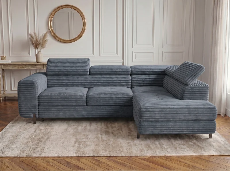 Canapé d’angle convertible Iéna – grande méridienne, coffre & têtières relevables