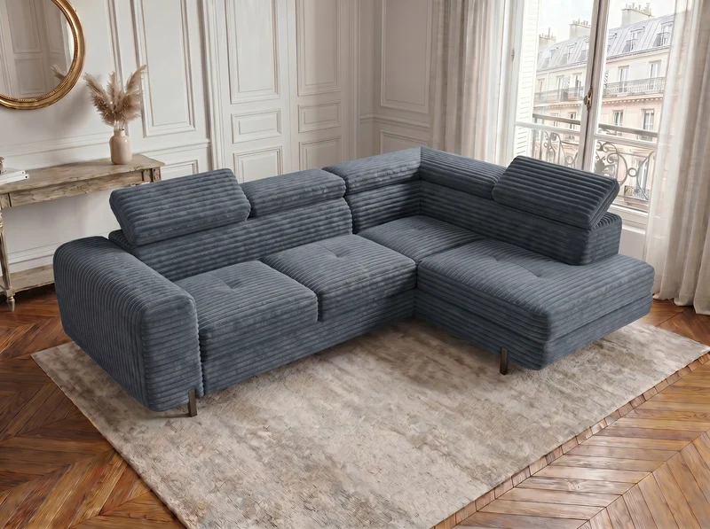 Canapé d’angle convertible Iéna – grande méridienne, coffre & têtières relevables