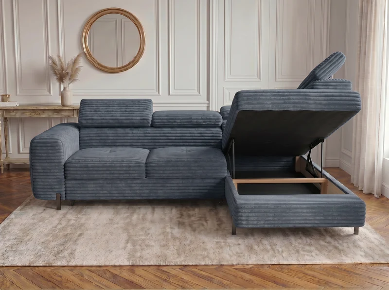Canapé d’angle convertible Iéna – grande méridienne, coffre & têtières relevables