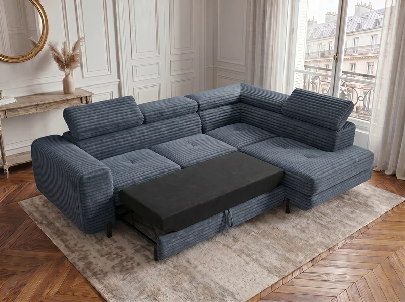 Canapé d’angle convertible Iéna – grande méridienne, coffre & têtières relevables