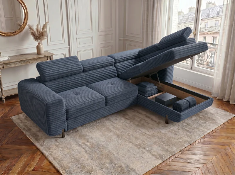 Canapé d’angle convertible Iéna – grande méridienne, coffre & têtières relevables