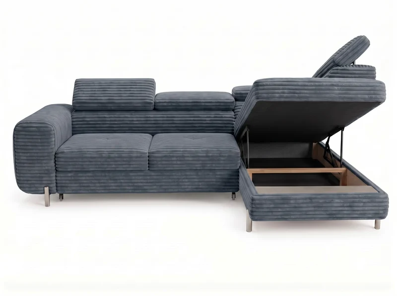 Canapé d’angle convertible Iéna – grande méridienne, coffre & têtières relevables