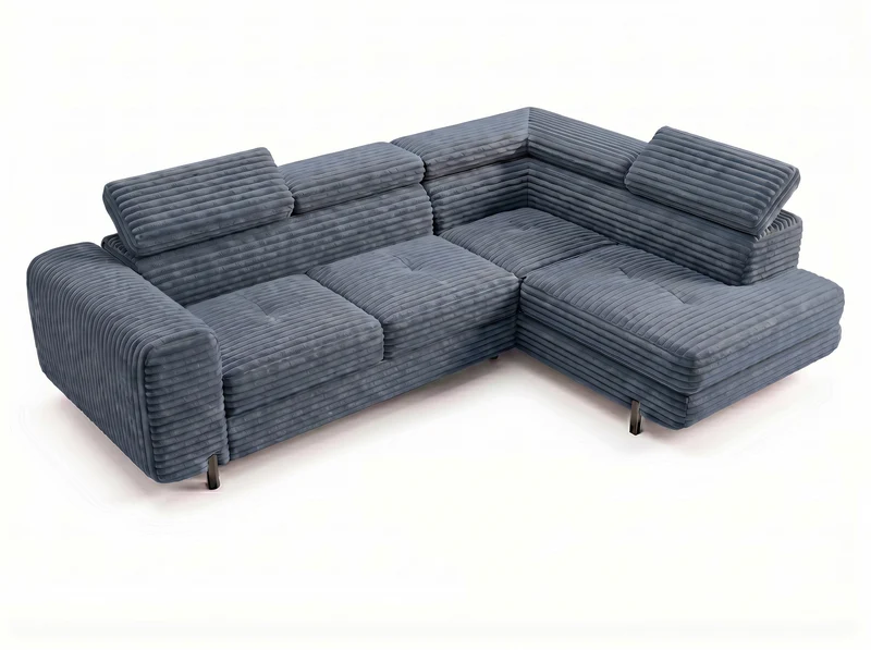 Canapé d’angle convertible Iéna – grande méridienne, coffre & têtières relevables
