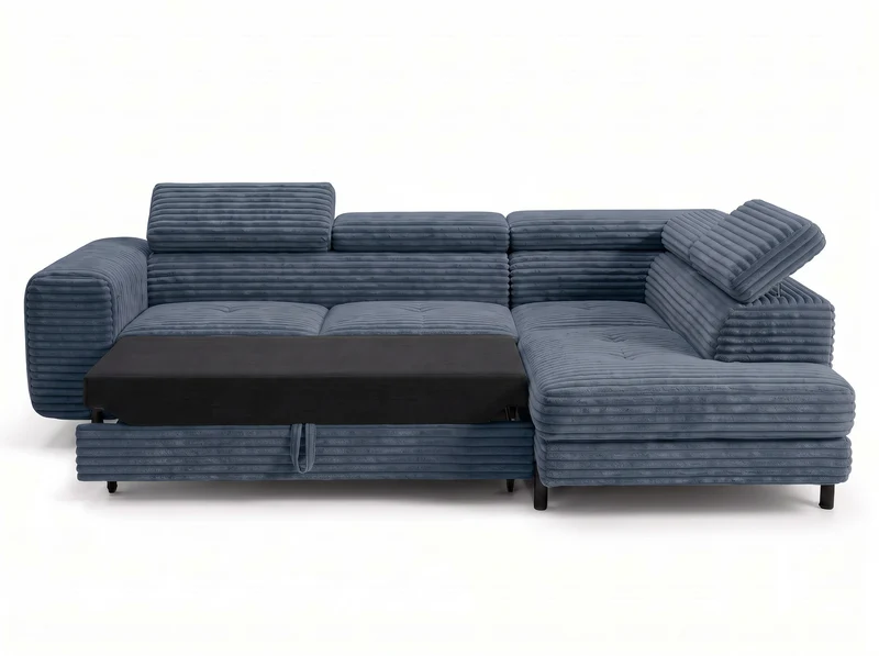 Canapé d’angle convertible Iéna – grande méridienne, coffre & têtières relevables