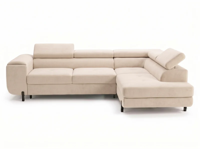 Canapé d’angle convertible Iéna – grande méridienne, coffre & têtières relevables