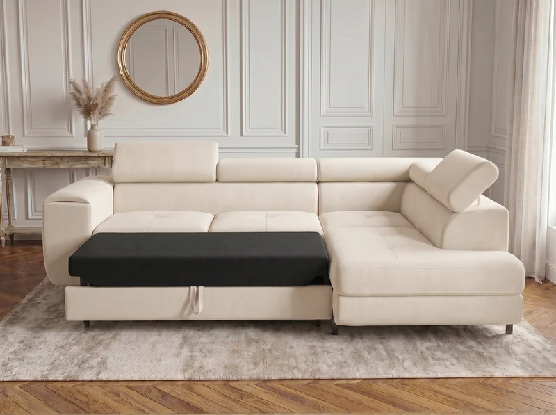 Canapé d’angle convertible Iéna – grande méridienne, coffre & têtières relevables